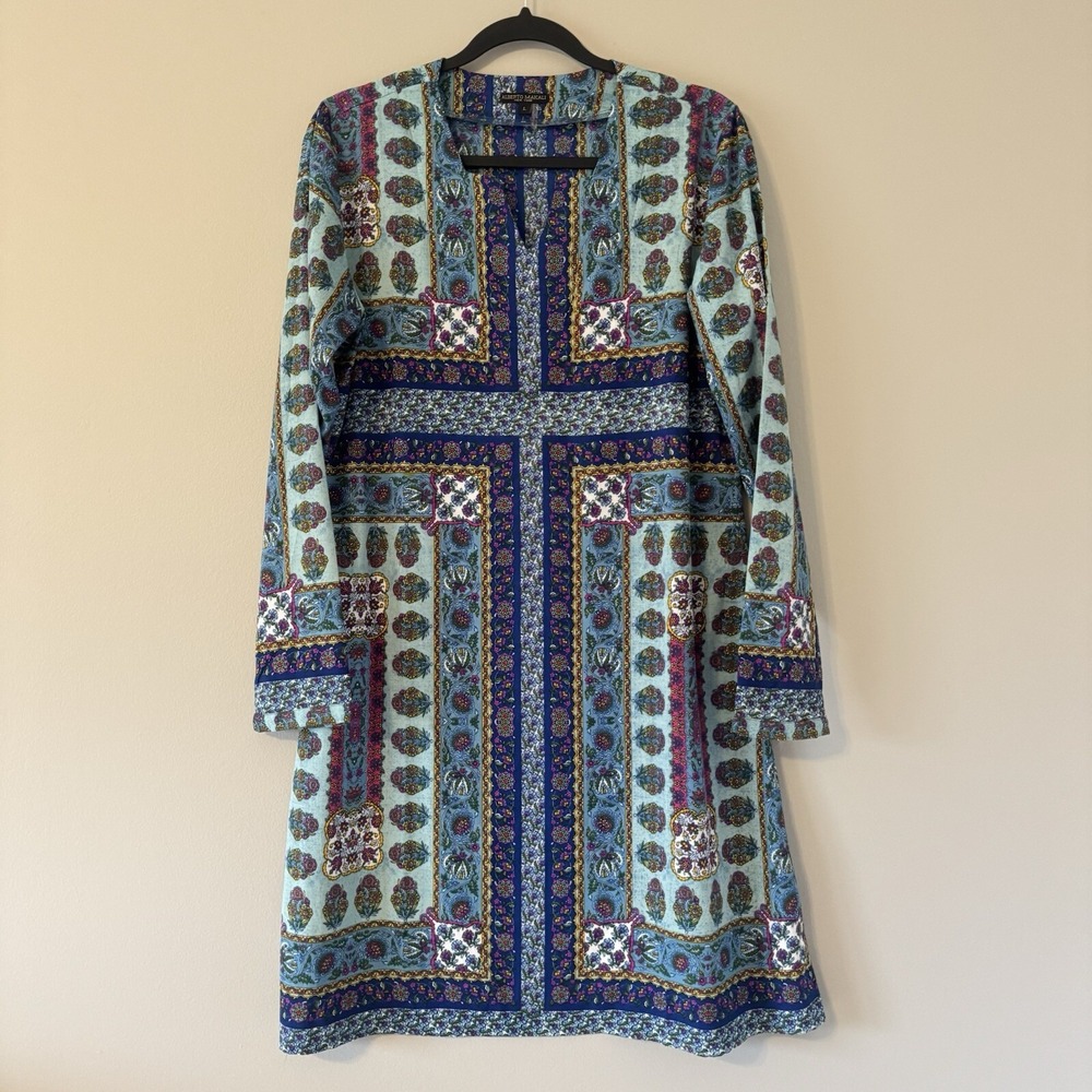 Alberto Makali Large Tunic Dress Blue Long Sleeve Boho Paisley Floral Split Neck
